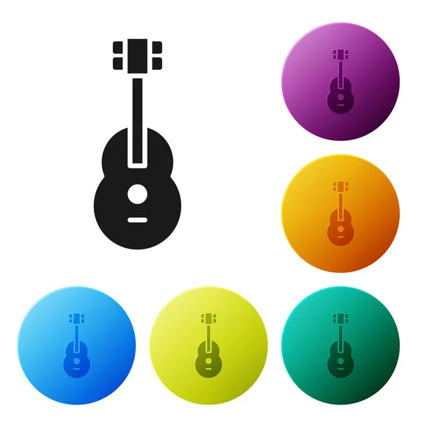 Ikone der schwarzen Gitarre isoliert auf weißem Hintergrund. Akustische Gitarre. Saiteninstrument. Setzen Sie Symbole in farbigen Kreis-Tasten. Vektorillustration — Stockvektor