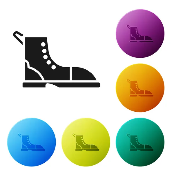 Icona di avvio Hiking nero isolato su sfondo bianco. Imposta le icone nei pulsanti del cerchio dei colori. Illustrazione vettoriale — Vettoriale Stock