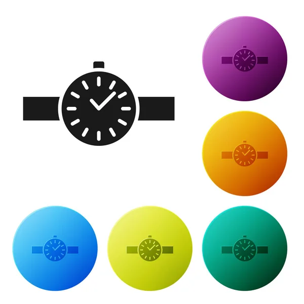 Μαύρο ρολόι καρπού εικονίδιο απομονώνονται σε λευκό φόντο. Εικονίδιο ρολογιού χειρός. Ορισμός εικονιδίων σε χρωματιστά κουμπιά κύκλου. Εικονογράφηση διανύσματος — Διανυσματικό Αρχείο