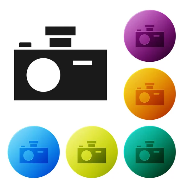 Zwart fotocamera pictogram geïsoleerd op witte achtergrond. Foto camera icoon. Stel pictogrammen in de kleur cirkel knoppen. Vector Illustratie — Stockvector