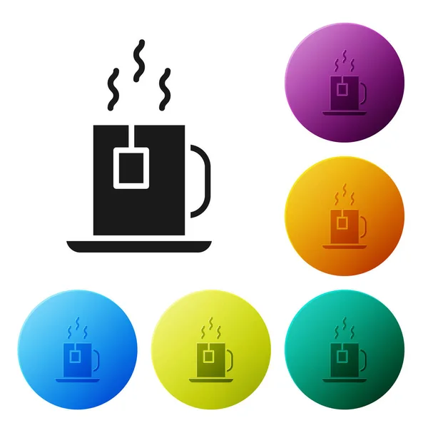 Coupe de thé noir avec icône sac de thé isolé sur fond blanc. Définir des icônes dans les boutons de cercle de couleur. Illustration vectorielle — Image vectorielle