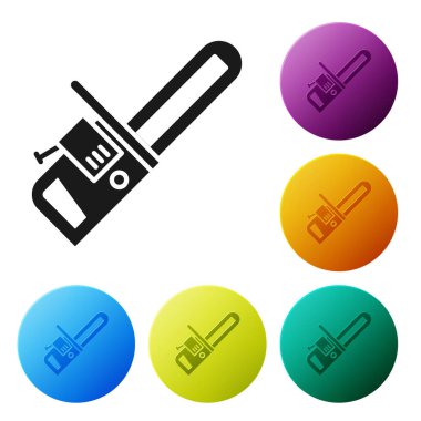 Siyah testere simgesi beyaz arkaplanda izole edildi. Simgeleri renk daire düğmelerine ayarla. Vektör İllüstrasyonu