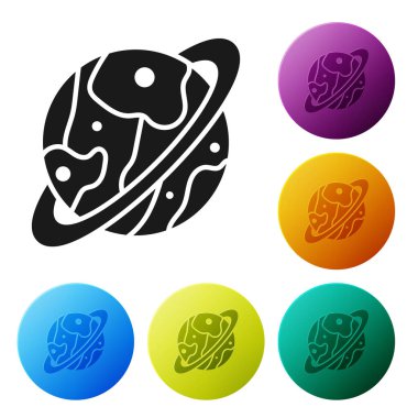 Siyah Gezegen Satürn 'ün beyaz arka planda izole edilmiş gezegen halka ikonu. Simgeleri renk daire düğmelerine ayarla. Vektör İllüstrasyonu