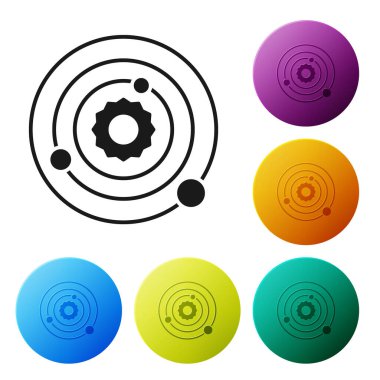 Siyah Güneş Sistemi simgesi beyaz arkaplanda izole edildi. Gezegenler yıldızın etrafında dönerler. Simgeleri renk daire düğmelerine ayarla. Vektör İllüstrasyonu