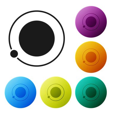 Beyaz arka planda izole edilmiş dış uzay ikonunda Dünya 'nın yörüngesinde dönen kara yapay uydular. İletişim, navigasyon konsepti. Simgeleri renk daire düğmelerine ayarla. Vektör İllüstrasyonu