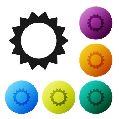 Siyah Güneş simgesi beyaz arkaplanda izole edildi. Yaz sembolü. Güneşli bir gün. Simgeleri renk daire düğmelerine ayarla. Vektör İllüstrasyonu