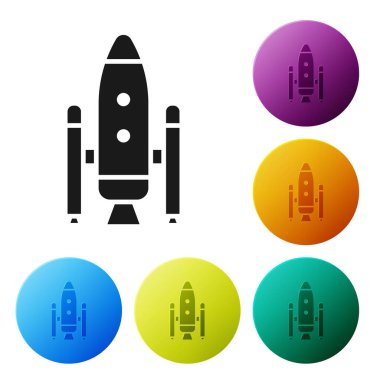 Siyah uzay mekiği ve roket ikonu beyaz arka planda izole edildi. Simgeleri renk daire düğmelerine ayarla. Vektör İllüstrasyonu