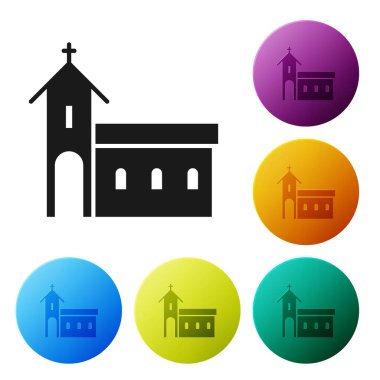 Siyah Kilise binası ikonu beyaz arka planda izole edilmiş. Hıristiyan Kilisesi. Kilisenin dini. Simgeleri renk daire düğmelerine ayarla. Vektör İllüstrasyonu
