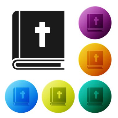 Siyah kutsal kitap ikonu beyaz arka planda izole edilmiş. Simgeleri renk daire düğmelerine ayarla. Vektör İllüstrasyonu