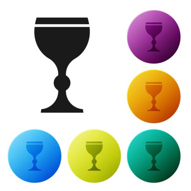 Beyaz arka planda izole edilmiş siyah şarap cam ikonu. Şarap kadehi ikonu. Kadeh işareti. Cam levhası. Mutlu Paskalyalar. Simgeleri renk daire düğmelerine ayarla. Vektör İllüstrasyonu