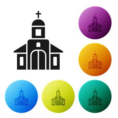 Siyah Kilise binası ikonu beyaz arka planda izole edilmiş. Hıristiyan Kilisesi. Kilisenin dini. Simgeleri renk daire düğmelerine ayarla. Vektör İllüstrasyonu