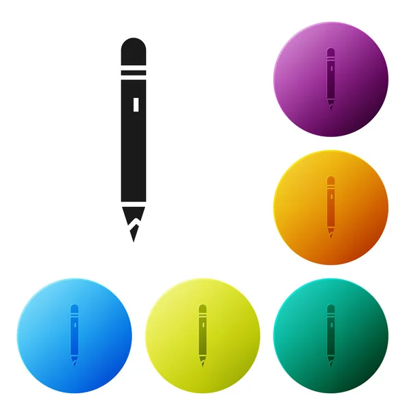 Schwarzer Bleistift mit Radiergummi-Symbol auf weißem Hintergrund. Zeichen- und Erziehungswerkzeuge. Schulamtssymbol. Setzen Sie Symbole in farbigen Kreis-Tasten. Vektorillustration — Stockvektor