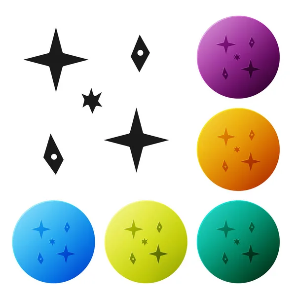 Black Falling Stars Ikone isoliert auf weißem Hintergrund. Meteoroid, Meteorit, Komet, Asteroid, Sternsymbol. Setzen Sie Symbole in farbigen Kreis-Tasten. Vektorillustration — Stockvektor