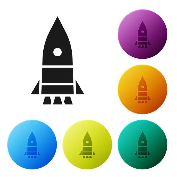 Černá raketa loď ikona izolované na bílém pozadí. Vesmírné cestování. Nastavit ikony v barevných kolečkách. Vektorová ilustrace — Stockový vektor