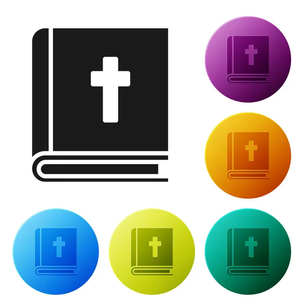 Schwarze Ikone des Heiligen Bibelbuchs isoliert auf weißem Hintergrund. Setzen Sie Symbole in farbigen Kreis-Tasten. Vektorillustration — Stockvektor