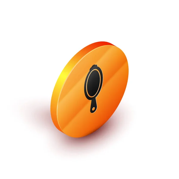 Ícone de espelho de mão isométrico mágico isolado no fundo branco. Botão laranja círculo. Ilustração vetorial — Vetor de Stock