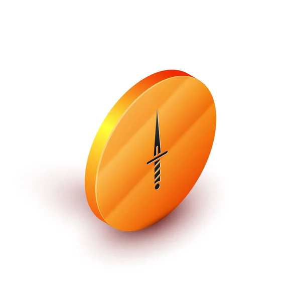 Isometrisches Dolchsymbol isoliert auf weißem Hintergrund. Messerikone. Schwert mit scharfer Klinge. Orangefarbener Kreis. Vektorillustration — Stockvektor