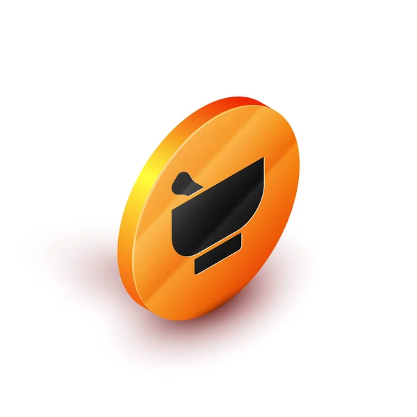 Icono de mortero y mortero mágico isométrico aislado sobre fondo blanco. Botón círculo naranja. Ilustración vectorial — Vector de stock