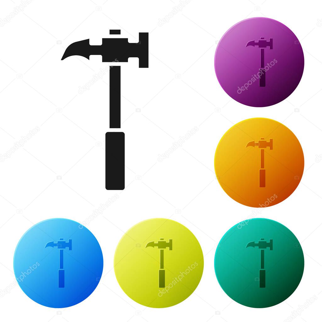 Black Claw hammer icon isolated on white background. Carpenter hammer. Tool for repair. Set icons in color circle buttons. Vector Illustration