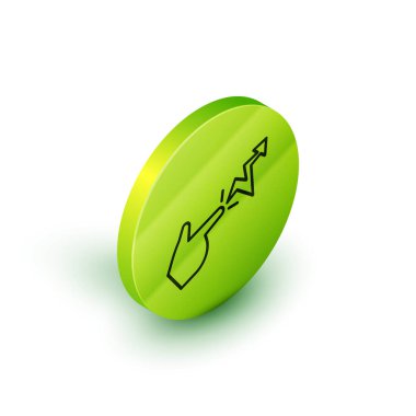 Beyaz arkaplanda Isometric çizgi imla simgesi izole. Büyücü el büyüler yapıyor. Yeşil daire düğmesi. Vektör İllüstrasyonu