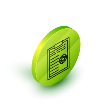 Beyaz zemin üzerinde kan testi ikonu olan Isometric Line Medikal panosu. Klinik kayıtları, tıbbi kontrol raporları. Yeşil daire düğmesi. Vektör İllüstrasyonu