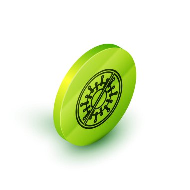 Beyaz arkaplanda Isometric line Stop virüs simgesi izole edildi. Corona virüsü 2019-nCoV. Bakteri ve mikroplar, hücre kanseri, mikrop, mantar. Yeşil daire düğmesi. Vektör İllüstrasyonu