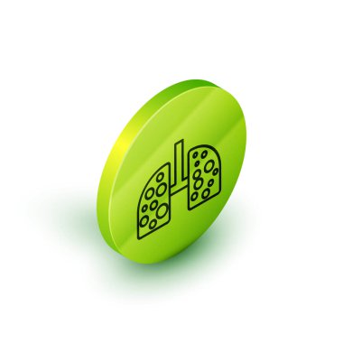 Beyaz zemin üzerinde izole edilmiş akciğer simgesindeki Isometric çizgi virüs hücreleri. Enfeksiyon kapmış ciğerler. Coronavirus, COVID-19. 2019-NCoV. Yeşil daire düğmesi. Vektör İllüstrasyonu