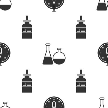 Pusulayı, deney tüpünü, kimya laboratuvarını ve pürüzsüz desenli bir pipetle cam şişeyi ayarla. Vektör