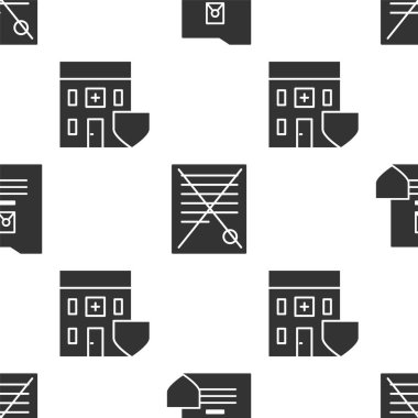 Belgeyi kalkan, dosya silme ve tıbbi hastane binası ile kalkansız desen üzerine kurun. Vektör