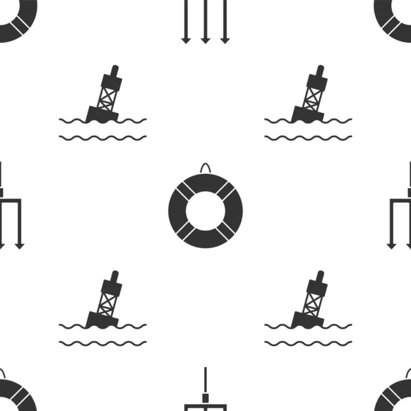 Set Neptune Trident, Lifebuoy and Floating buoy on the sea on seamless pattern. Vector — Stock Vector