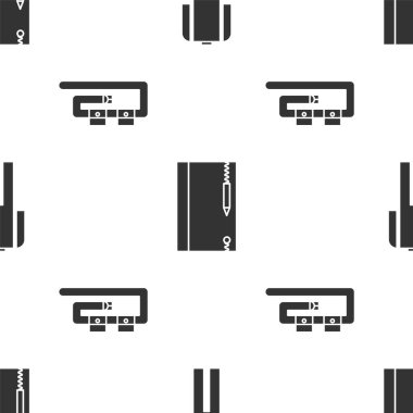 Tüplü dalış için dalış kıyafeti, su altı not defteri, kalem ve dalış kemerini kusursuz desene ayarlayın. Vektör