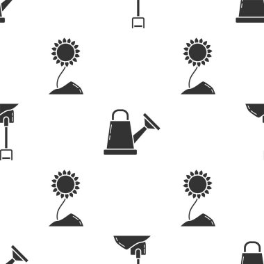 Küreği, su kutusunu ve ayçiçeğini dikişsiz desenlere sokun. Vektör