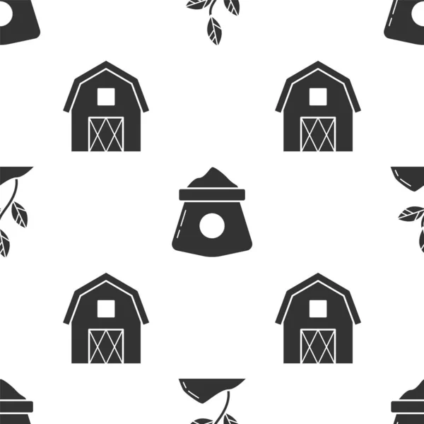 Set Sprout, Bolsa de harina y Farm House concepto en el patrón sin costuras. Vector — Archivo Imágenes Vectoriales