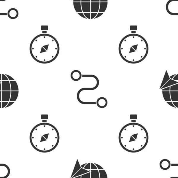 Set Location on the globe, Route location and Compass on seamless pattern. Vector — Stock Vector