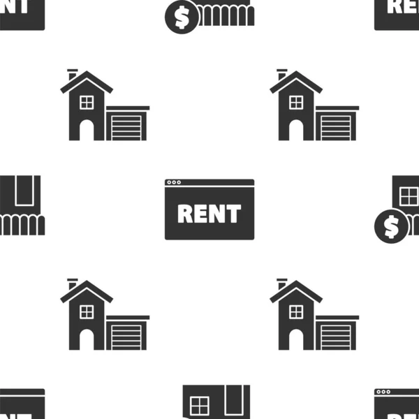 Set Casa con símbolo del dólar, signo colgante con texto en línea de alquiler y la casa en el patrón sin costuras. Vector — Archivo Imágenes Vectoriales