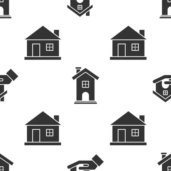 Réglez l'agent immobilier, le symbole de la maison et la maison sur un motif sans couture. Vecteur — Image vectorielle