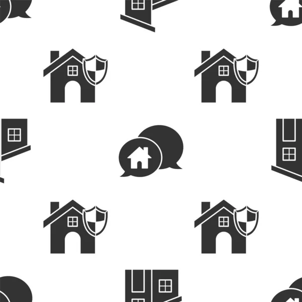Set Maison, Immeuble de la maison dans la bulle de discours et Maison avec bouclier sur motif sans couture. Vecteur — Image vectorielle