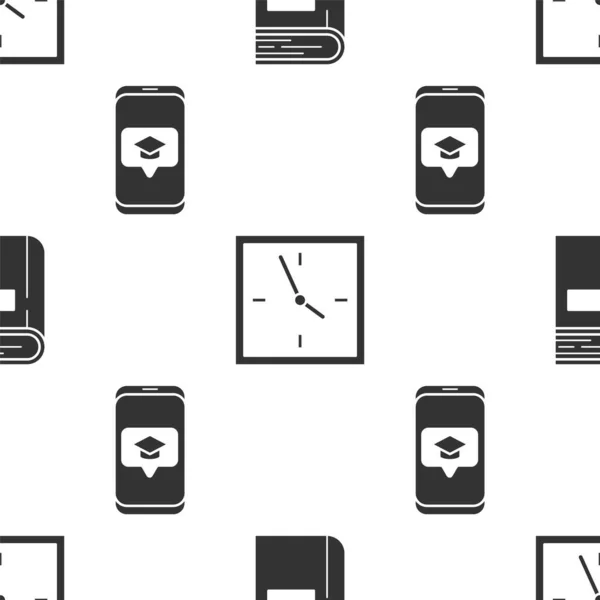 Establecer libro, reloj y la tapa de graduación en el teléfono inteligente de la pantalla en el patrón sin costuras. Vector — Vector de stock