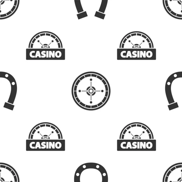 Setzen Sie Hufeisen, Casino Roulette Rad und Casino Schild auf ein nahtloses Muster. Vektor — Stockvektor