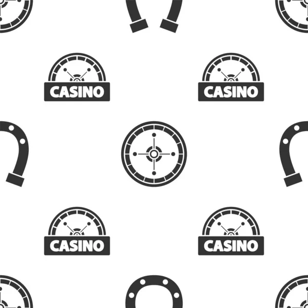 Establecer herradura, Casino ruleta rueda y Casino letrero en el patrón sin costuras. Vector — Vector de stock