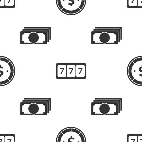 Set Casino-Chip mit Dollar, Spielautomat mit glücklichen sieben Jackpot und Stapelt Papiergeld Bargeld auf nahtlose Muster. Vektor — Stockvektor