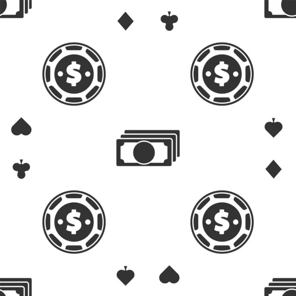 Jeu de cartes à jouer, Empile de l'argent en papier et jeton Casino avec un dollar sur motif sans couture. Vecteur — Image vectorielle
