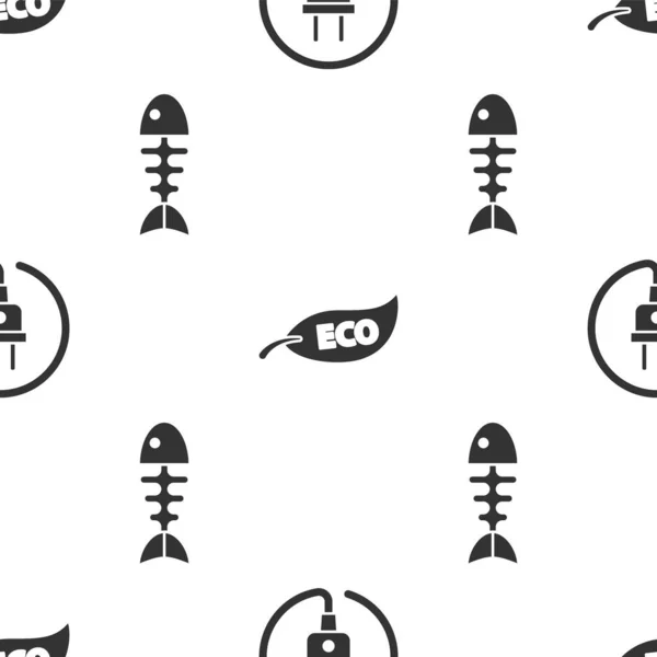 Conjunto de enchufe eléctrico, Hoja Eco símbolo y esqueleto de pescado en el patrón sin costuras. Vector — Vector de stock