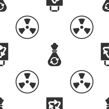 Kağıt alışveriş torbasını geri dönüşümle, çöp torbasını geri dönüşümle, radyoaktifi de dikişsiz desenle ayarla. Vektör