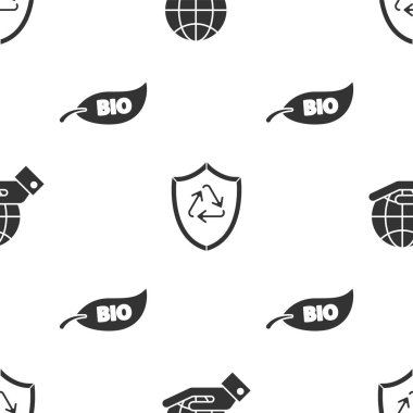 Dünya küresi tutan insan ellerini kalkan içindeki geri dönüşüm sembolünü ve Yaprak Biyolojisi sembolünü pürüzsüz desene ayarla. Vektör