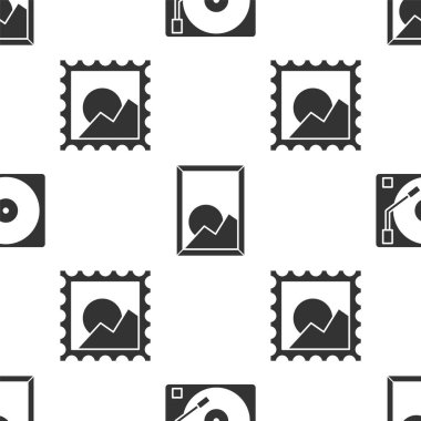 Vinil oynatıcıyı bir vinil disk, resim manzarası ve resim manzarası ile kusursuz bir desen ile ayarla. Vektör