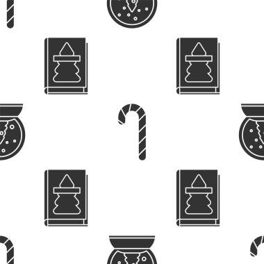 Noel kar küresi, çizgili Noel şekeri bastonu ve Noel kitabını kusursuz desenler üzerine kur. Vektör