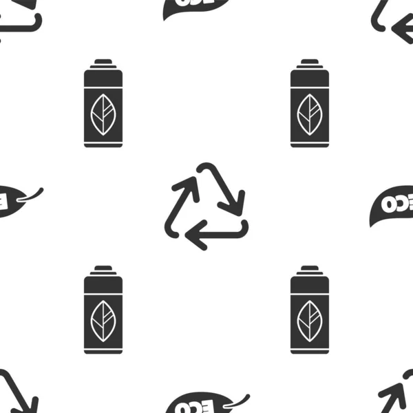 Definir folha Eco símbolo, símbolo de reciclagem e reciclagem garrafa de plástico no padrão sem costura. Vetor —  Vetores de Stock