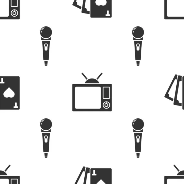 Set Playing card with heart symbol, Television and Microphone on seamless pattern. Vector — Stock Vector