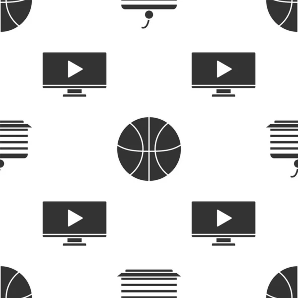ケーキ、バスケットボールボール、オンラインでシームレスなパターンでビデオを再生します。ベクトル — ストックベクタ